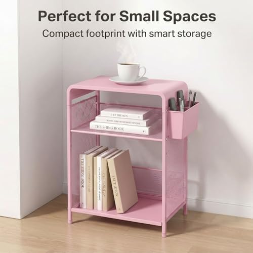 Small 3 Tier Printer Stand for Under Desk, Height Adjustable Shelf Printer Table with 3 S-Hooks & Basket, Heavy Duty Industrial Storage Shelf for Home Office (Pink) - Image 3
