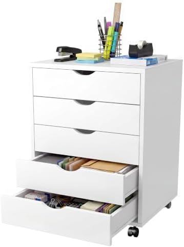 5 Drawer Rolling Storage Cabinet, Mobile File Cabinet for Office, White by ALPEN