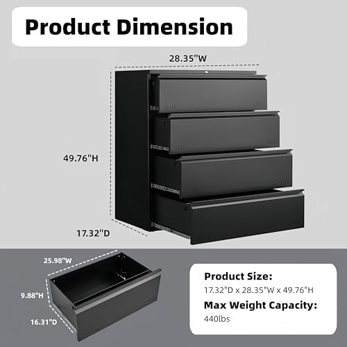 Lateral 4 Drawer File Cabient with Lock, Metal Filing Cabinets for Home Office, Heavty Duty Office Storage Cabinet for A4/Letter/Legal (Matte Black) - Image 2