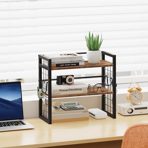 Desktop Shelf Organizer, 2 Tier Wood Desk Bookshelf, Rustic Brown - Image 2