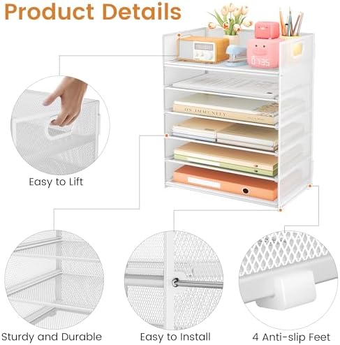 6 Tier Paper Organizer for Desk with Handle, Metal Mesh Desk Office File Folder Paper Letter Tray Accessories Organizer Sorter for Home, School, Office Desktop Document Organization - White - Image 5