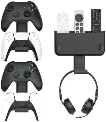 Controller & Headset & Remote Holder Wall Mount with No Drill, 2 Packs Gaming 4 Controllers Hanger Hook Mount for PS5/PS4/XBOX/Switch, Headphone Stand & Remote Control Holer Wall Shelf with Adhesives by Kytok