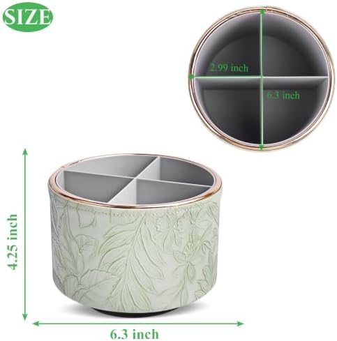 Round Leather Art Supply Organizer,Remote Control Holder,360 Degree Spinning,Multi-Functional Pencil Holder,4 Compartments Desktop Stationary Organizer(1-Golden Green2) - Image 2