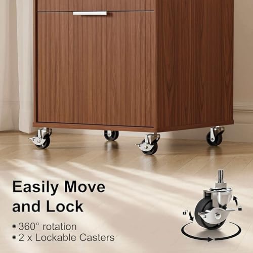 3 Drawers Fluted Mobile File Cabinet with Lock, Rolling File Cabinet Printer Stand Table, Under Desk Wooden Filing Cabinets for Home Office Essentials Storage Organization Furniture Letters/A4(Walnut) - Image 4
