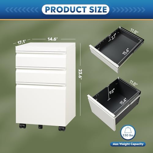 DEVAISE 3 Drawer Mobile File Cabinet with Lock, Metal, White - Image 3