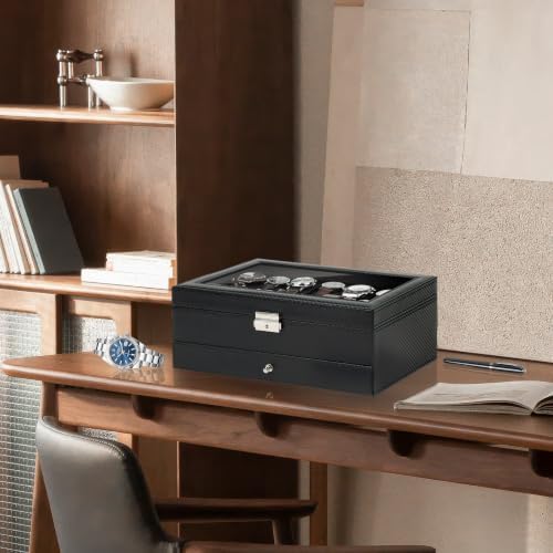 Mens Watch Box Jewelry Organizer,12-Slot 2-Layer Case -All Black - Image 5
