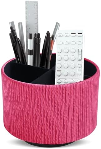 Round Leather Art Supply Organizer,Remote Control Holder,360 Degree Spinning,Multi-Functional Pencil Holder,4 Compartments Desktop Stationary Organizer(1-Vertical Wood Red) by Hennaja