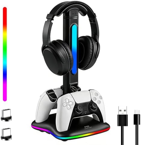 PS5 Controller Charger with RGB Headphone Stand, PS5 Controller Charging Station with 2 USB Port, Headset and Controllers Stand Holder for PlayStation 5, Gaming Gifts for Gamers Men by JDGPOKOO