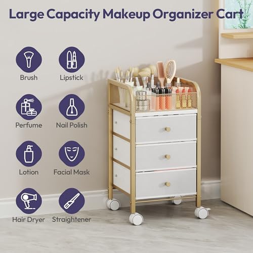Rolling Makeup Organizer Cart - Under Desk Vanity Makeup Storage with 3 Non-woven Drawers, Nail Cart Organizer Cosmetic Display Cases Cabinet for Skin Care Perfume Nail Polish Brush Hair Tool - Image 6