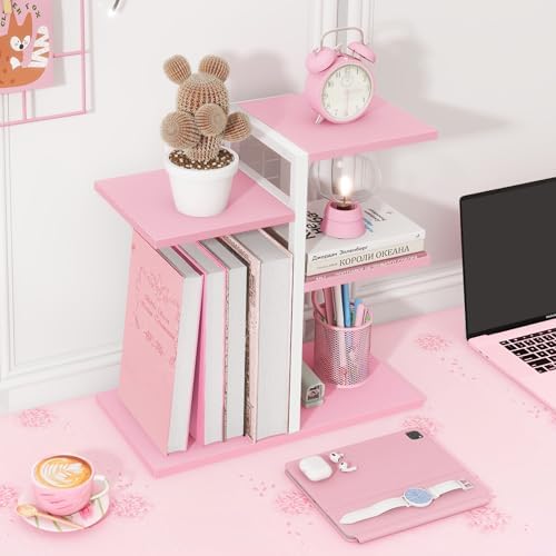 Desktop Bookshelf, Tiered Desk Organizer Shelf, Wooden Tabletop Bookshelf Small Desk Book Shelf, Dresser Top Organization Storage Rack and Desk Decorations for Women Office, Pink - Image 2