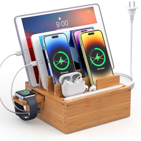 Bamboo Charging Station with Watch Holder, Charger & Cables by PezinHulin