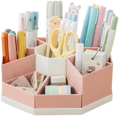 360 Degree Rotating Desk Organizer Caddy with 9 Compartments, Large Capacity Detachable Pencil Holder for Desk, Desktop Storage for Office, School, Home, Dressing Table (Blush Pink with White Base) by Chemlliy