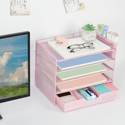 Desk Organizers and Accessories, 5-Tier Paper Letter Tray Organizer with Drawer & 2 Pen Holders, Desktop Organizer for Office Supplies (Pink) - Image 3