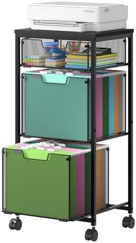3 Drawer Mobile File Cabinet for Home Office, Rolling Filing Cabinet on Lockable Wheels, Hanging File Folders Organizer, Utility Cart Storage and Organizer, Printer Stand, Black by shengbaomaoyi