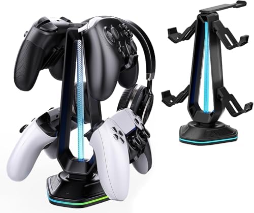 Saitake RGB Controller Stand, Gaming Controller Holder with 9 Light Modes, 2 USB Charging Ports, Headset Stand, Desk Organizer for Xbox PS5 PS4 Switch PC, 4 Controllers & 1 Headphone (Black) by Unknown