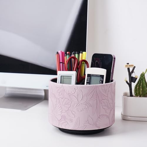 Round Leather Art Supply Organizer,Remote Control Holder,360 Degree Spinning,Multi-Functional Pencil Holder,4 Compartments Desktop Stationary Organizer(1-Carved Purple) - Image 7