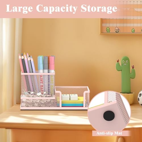 Mesh Pen Holder Desk Organizer, Office Supplies Pencil Storage with 3 Compartments, Office Desk Accessories and Workspace Organizers for Home School Classroom, Pink - Image 2