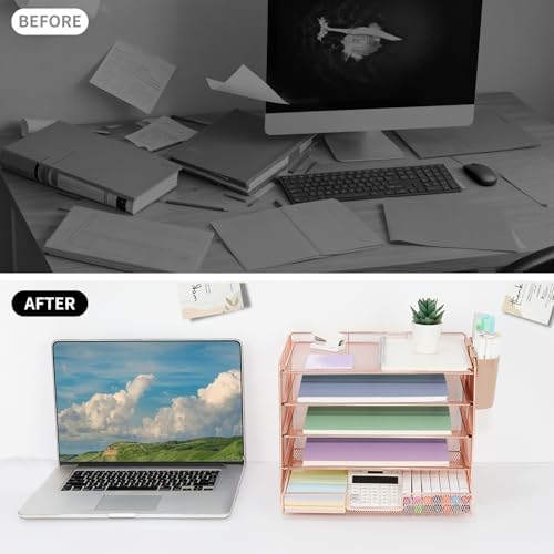 Desk Organizer and Accessories, 5-Tier Paper Letter Tray Organizer with Drawer & 2 Pen Holders for Desktop File Organization, Office Desk Accessories for Supplies Storage (Rose Gold) - Image 6