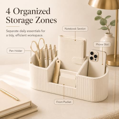 Faux Leather Desk Organizer, Office Desk Accessories Organizer with 4 Compartments, Modern Vanity Organizer for Pens, Makeup Brushes, Office Supplies, Remote Controls, Desk Decor for Home - Image 3