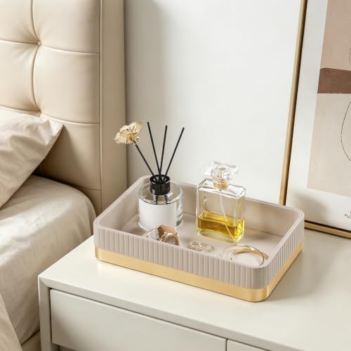 Valet Tray Organizer Bedside Nightstand Organizer Desk Catchall Tray (Beige-Gold Trim) - Image 5