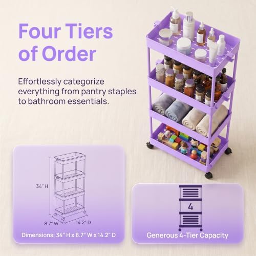 4 Tier Rolling Cart with Wheels, Storage Craft Art Trolley Organizer Serving, 3 Hanging Baskets Easy Assembly, for Office, Living Room, Kitchen - Image 3