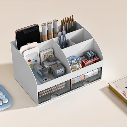 COMFYROOM Desk Organizer with 6 Compartments and 2 Drawers, Plastic Makeup Organizer, Pen Holder for Desktop Storage, Desk Organization for School, Home, Office Supplies (Grey) - Image 2