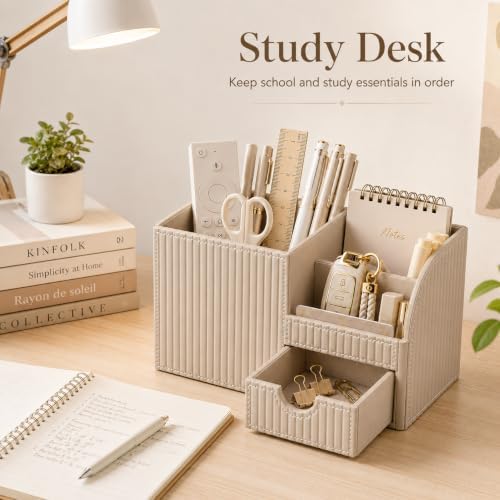 Luxury PU Leather Desk Organizer with Drawer, Modern Aesthetic Office Desk Accessories for Men & Women, Multi-Compartment Pen Holder & Desktop Storage Organizer for Home Office - Image 5