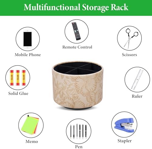 Round Leather Art Supply Organizer,Remote Control Holder,360 Degree Spinning,Multi-Functional Pencil Holder,4 Compartments Desktop Stationary Organizer(1-Carved Light Brown) - Image 5