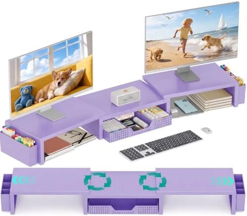 Desk Organizer and Accessories, Computer Monitor Stand Riser with Drawer and 2 Pen Holders, Laptop Stand, Office Desk Accessories for Office Supplies, Purple by OPNICE