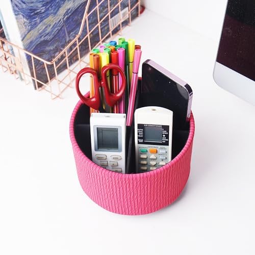 Round Leather Art Supply Organizer,Remote Control Holder,360 Degree Spinning,Multi-Functional Pencil Holder,4 Compartments Desktop Stationary Organizer(1-Vertical Wood Red) - Image 6