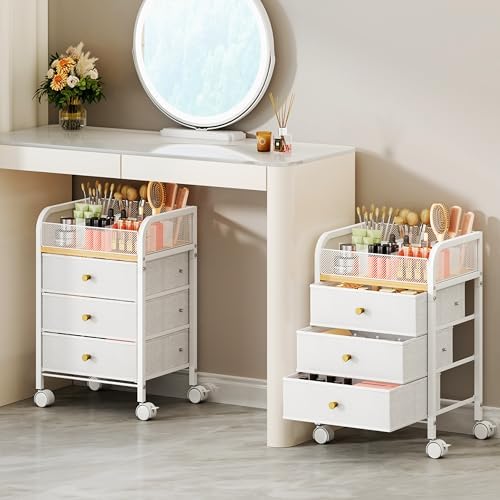 Rolling Makeup Organizer Cart - 14.96″*11.81″*23.03″ Widened Under Desk Vanity Storage with 3 Non-woven Drawers, Cosmetic Display Cases for Skin Care Perfume Nail Polish Brush Hair Tool White by SwtyMiki-TidyHomeSweetLife
