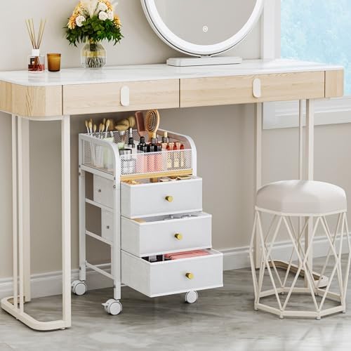 Rolling Makeup Organizer Cart - Under Desk Vanity Makeup Storage with 3 Non-woven Drawers, Nail Cart Organizer Cosmetic Display Cases Cabinet for Skin Care Perfume Nail Polish Brush Hair Tool - Image 3