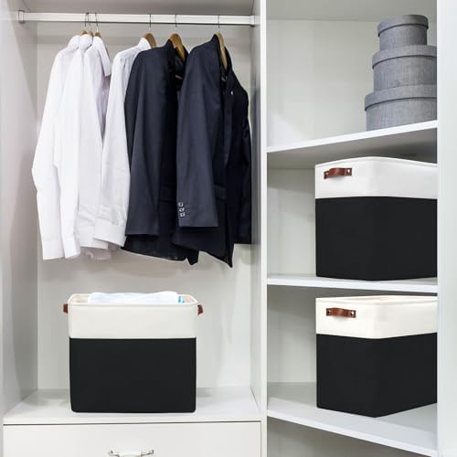 Large Fabric Storage Baskets | 50L Storage Bins, Decorative Linen Closet Baskets with Handles for Organizing, Shelf, Toys, Clothes, Home, Office, Nursery, 17x12x15Inches (Black&White) - Image 2