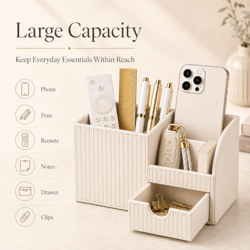 Luxury PU Leather Desk Organizer with Drawer, Modern Aesthetic Office Desk Accessories for Women, Multi-Compartment Pen Holder & Desktop Storage Organizer for Home Office, Cream White - Image 3