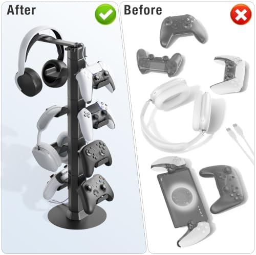 Gaming Controller & Headset Holder Stand for Desk, with Charger Cable Organizer Headphone Stand for PS5/ Xbox/ PS4/ Switch, Metal Base Controller Hook for Storage with 360° Rotatable Hanger- 6 Tiers - Image 5
