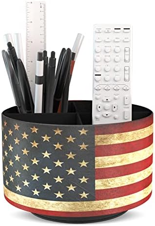 Round Leather Art Supply Organizer,Remote Control Holder,360 Degree Rotating,Multi-Functional Pencil Holder,4 Compartments Desktop Stationary Organizer(1-American Flag) by Hennaja