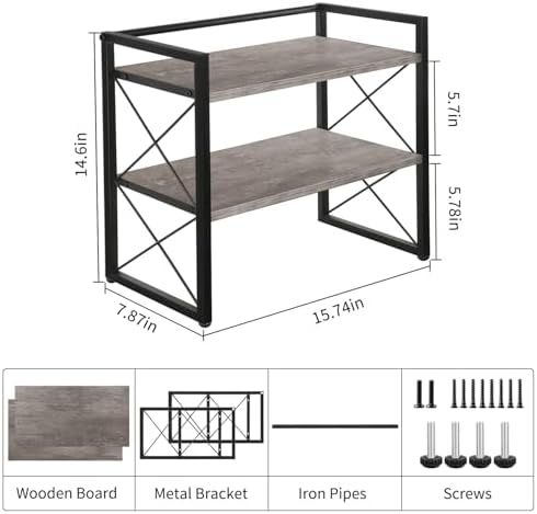 Desktop Shelf Organizer, 2 Tier Office Shelves, Wood Desk Organizer Storage Rack and Freestanding Display Shelf for Office, Dormitory, Home (Grey) - Image 3