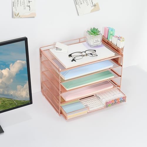 Desk Organizer and Accessories, 5-Tier Paper Letter Tray Organizer with Drawer & 2 Pen Holders for Desktop File Organization, Office Desk Accessories for Supplies Storage (Rose Gold) - Image 3