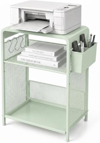 Small 3 Tier Printer Stand for Under Desk, Height Adjustable Shelf Printer Table with 3 S-Hooks & Basket, Heavy Duty Industrial Storage Shelf for Home Office (Sage Green) by ECOLOVI