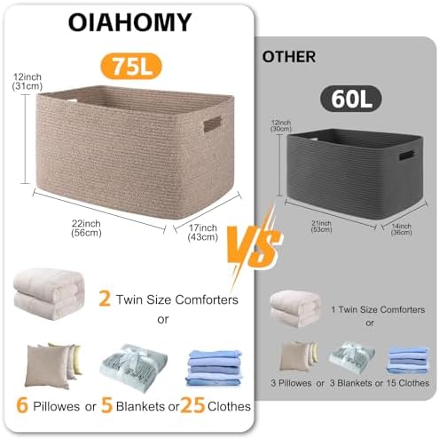 OIAHOMY 75L Large Blanket Basket Woven Cotton Rope Storage Basket Brown - Image 3