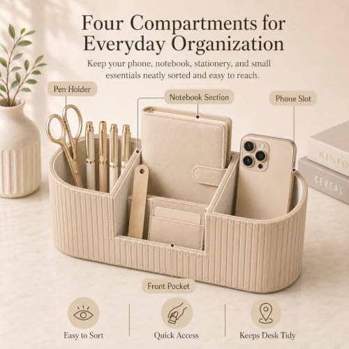 Aesthetic Desk Organizer for Women, Luxury Faux Leather Desk Accessories with 4 Compartments, Minimalist Vanity Organizer for Makeup Brushes, Beige Office Decor for Home, Bedroom & Workspace - Image 3