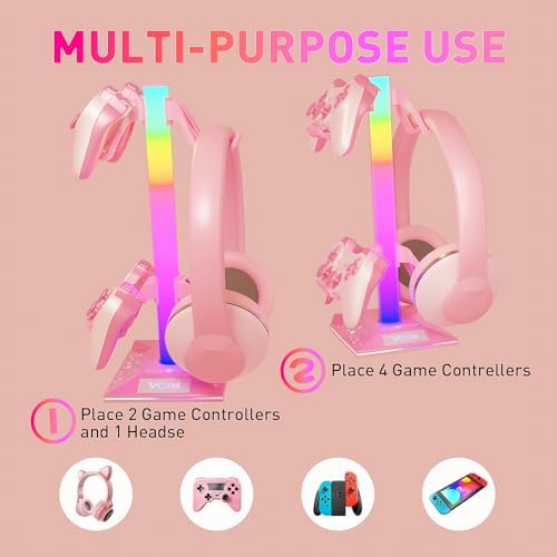 VCOM RGB Gaming Headphones Stand with 2 USB Ports, Pink Headset Stand with 10 Light Modes and Non-Slip Rubber, Suitable for PC Desk Accessories Gamers Gift(Pink) - Image 3