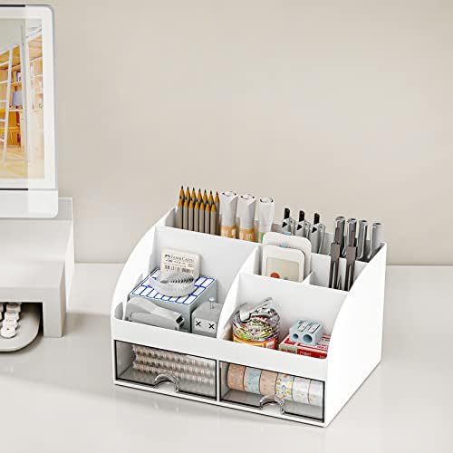 COMFYROOM Desk Organizer with 6 Compartments and 2 Drawers, Plastic Makeup Organizer, Pen Holder for Desktop Storage, Desk Organization for School, Home, Office Supplies (White-2Pack) - Image 6