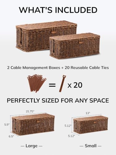 Cable Management Box, Cord Organizer with Lid, Braided Edging,Brown,Set - Image 2