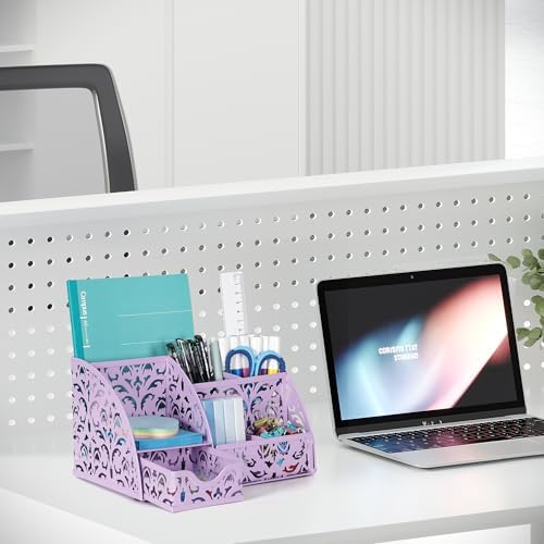EasyPAG Desk Organizer and Pen Holder for Desk, Mesh Office Supplies Storage Caddy with Drawer for Small Space, Desktop Organizer for Home Office, Purple - Image 5