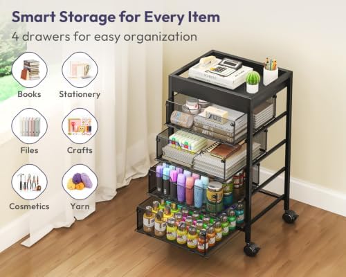 Rolling Cart with Drawers - Under Desk Storage Cart with Wheels, 4 Metal Drawers, Wood Top, Utility File Cart for Office Organization, Art, Craft, Classroom, Kitchen, Bedroom Black - Image 4
