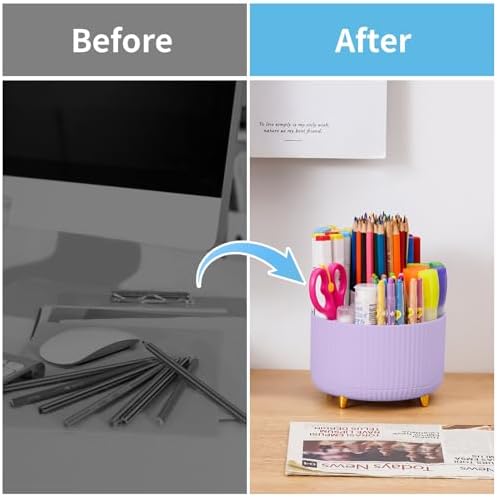 Marbrasse Desk Organizer, 360-Degree Rotating Pen Holder, Desk Organizers and Accessories with 5 Compartments Pencil Holder, Art Supply Storage Box Caddy for Office, Home（Purple） - Image 6