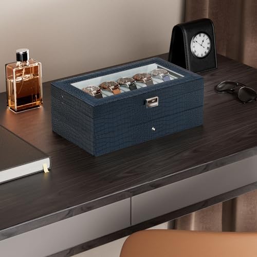 ProCase Watch Box, 12 Slot Watch Case for Men with Drawer, CrocCobaltBlue - Image 2
