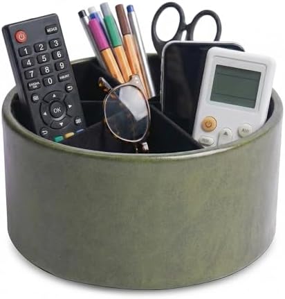 Remote Control Holder, 360°Spinning PU Leather Desk TV Remote Caddy,Desk Storage Box Room Accessories for Controller, Media,Mail,Calculator, Mobile Phone,Pencil(1-Oil Green) by Hennaja