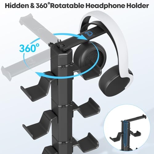 Gaming Controller & Headset Holder Stand for Desk, with Charger Cable Organizer Headphone Stand for PS5/ Xbox/ PS4/ Switch, Metal Base Controller Hook for Storage with 360° Rotatable Hanger- 6 Tiers - Image 2